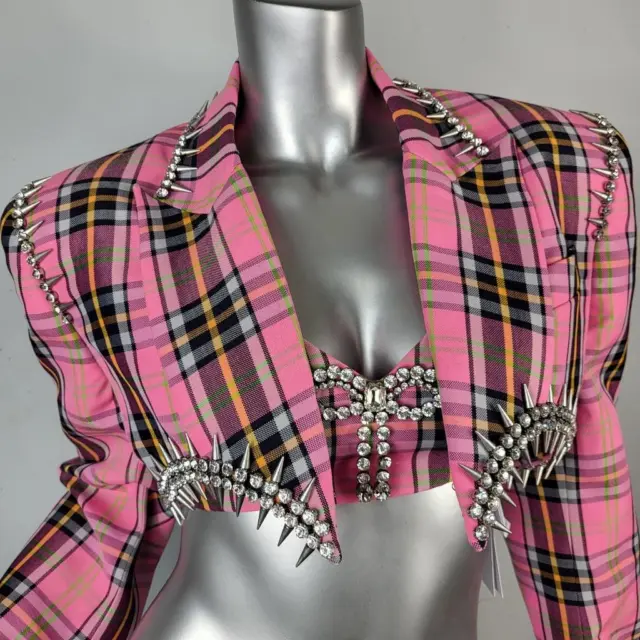 Nwt~$2000~Area~Sz 2-4-6~Pink Plaid Crystal Rhinestone Spiked Crop Top Jacket