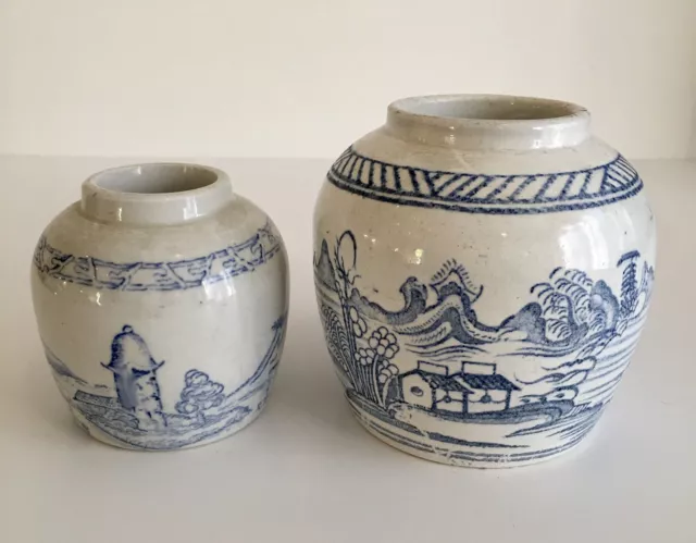 Antique Pottery Porcelain Ginger Jars 19th Century Chinese Style, Set of Two
