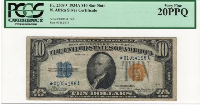 1934-A North Africa Silver Certificate $10 Star Note, Fr. 2309 *, PCGS VF 20 PPQ