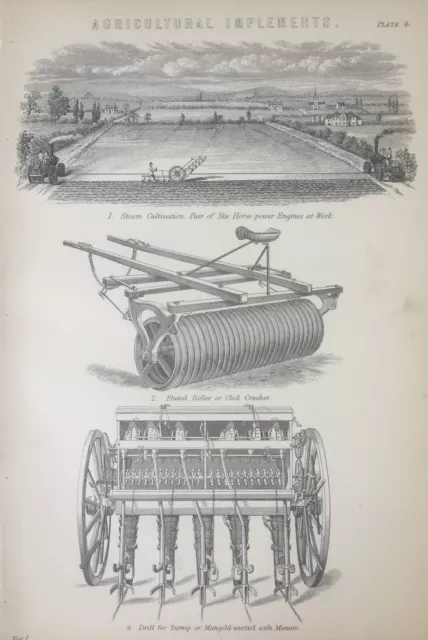 Antiker Druck landwirtschaftliche Geräte Gravur C1870 Dampfanbau Landwirtschaft