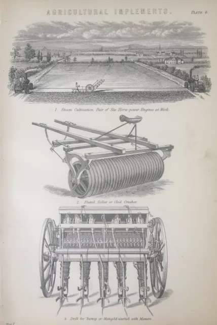 Antique Print Agricultural Implements Engraving C1870 Steam Cultivation Farming