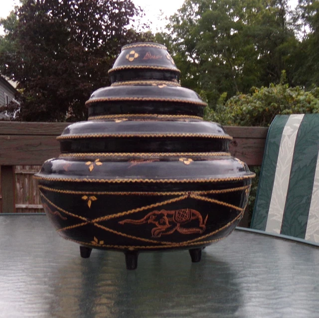 Burmese Black Lacquer Temple Food Offering Set Monks Bowl Hsun Kwet Bamboo inlay