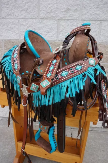 12" Western Barrel Show Saddle Turq Buck Stitch OPTION of Full HSBP w/Fringe 4p