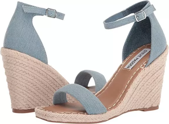 STEVE MADDEN Women's Submit Denim Round Square Toe Buckle Closure Wedge Sandals