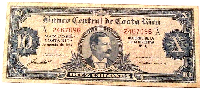 1957 Costa Rica 10 Colones Original F+ aVF  Currency Banknote Paper Money p-221c