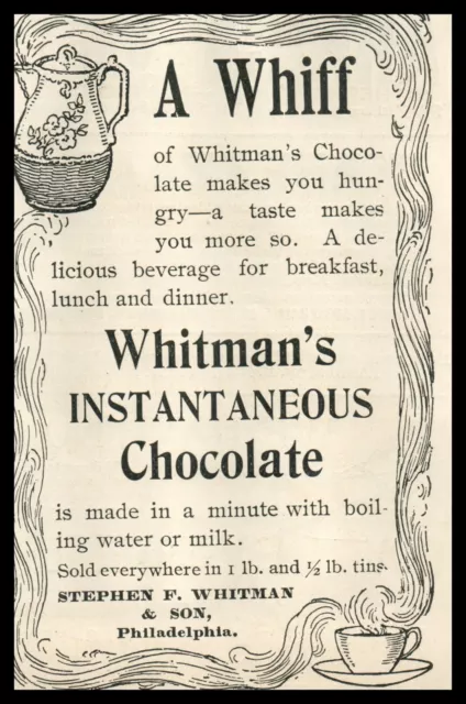 1897 Whitman Hot Chocolate Cocoa Breakfast ENGRAVING  Brewing Teapot Kettle 8946