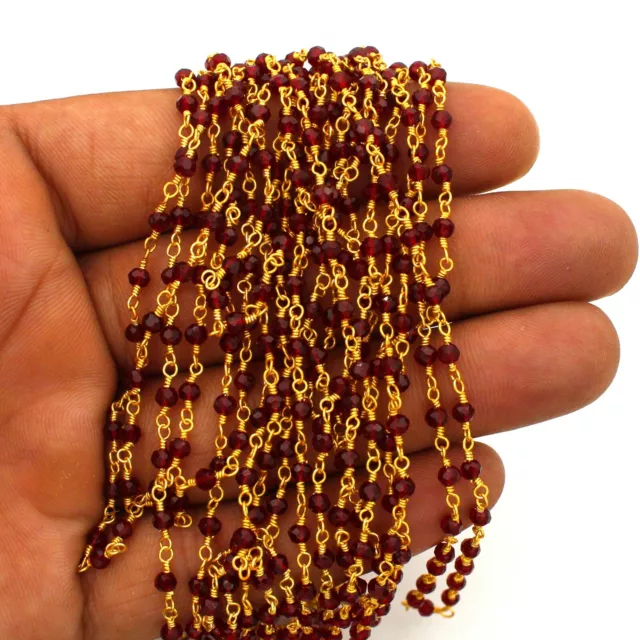 Red Garnet Hydro 3-3.5 MM Rondell Faceted Gold Plated Wire Rosary Beaded Chain