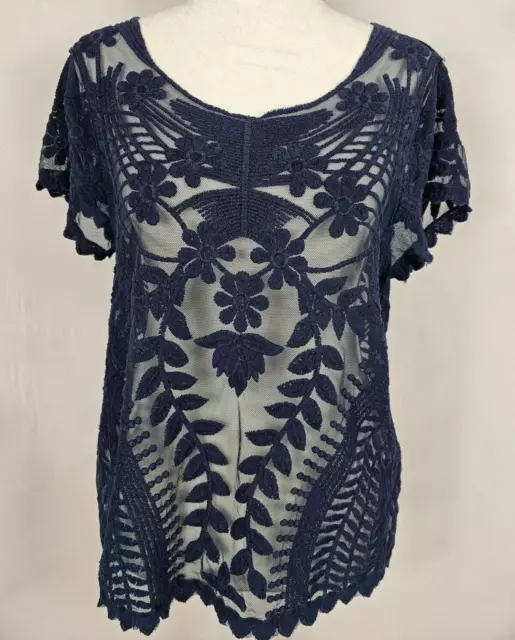 Express Womens Top Sheer Navy Blue Lace Floral Nylon Blouse Size Medium Mesh