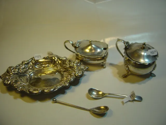 Stunning Solid Silver Antique-2 X Mustard Pots & Spoons & Ornate Sweety Bowl