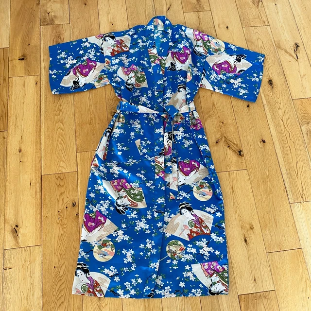 Abito da toeletta stile kimono giapponese seta raso abito turchese UK 14