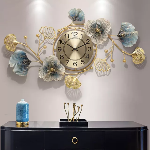 HAODING Large Wall Clock Metal Decorative, Artwork 83cm Gold & Blue Gingo Leaf