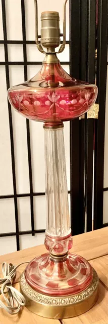 Vtg Etched Glass Table Lamp Ruby Red Cranberry Cut to Clear To Red 22” Tall!! 2