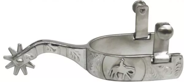 Western Boots Engraved Silver Steel Horse Spurs w/ Horse and Rider Overlay