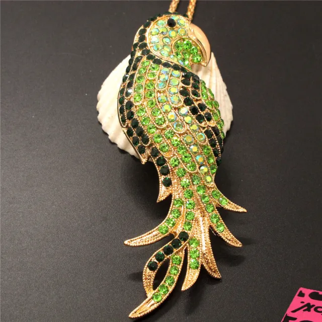 New Green Crystal Parrot Rhinestone Animal Pendant Betsey Johnson Chain Necklace