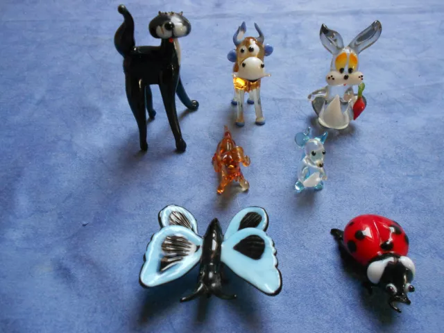 7x Glasfigur Hund Katze Kuh Marienkäfer Maus Hase Schmetterling Tiere bunt