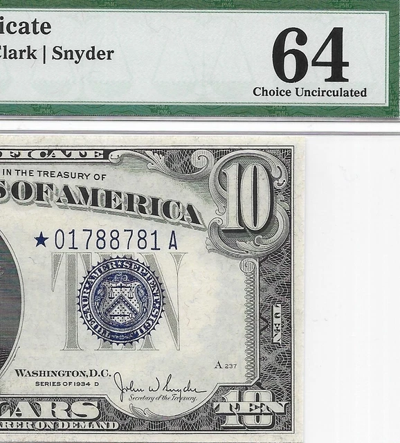 1934D $10 STAR 🌟 SILVER CERTIFICATE. PMG Choice Uncirculated 64 BANKNOTE