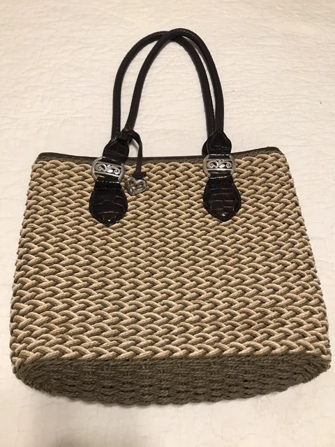 Brighton Handbag Purse Woven Tote Straw Natural W/Leather bag charm key hook