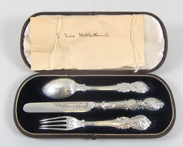 Ornate Sheffield Sterling Christening Set Martin & Hall Co 1858 Victorian w/Box