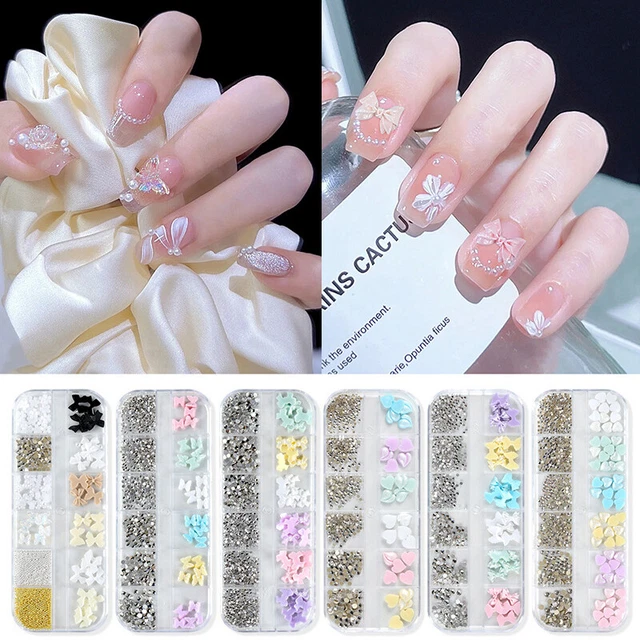 6/12 Rejillas 3D Dijes de Uñas Estrás Arco Corazón Arte en Uñas Gemas Decoración Boda