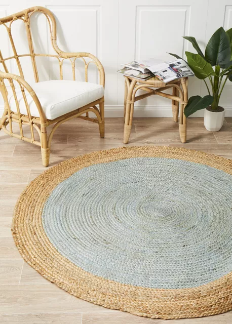 ALISON JUTE RUG ROUND BLUE Beige Circle Natural Carpet mat Large FREE POST*