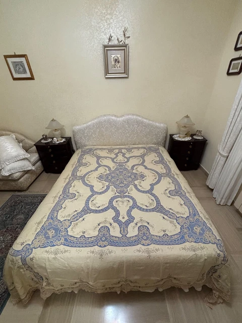 Couvre-lit Matrimonial Dentelle De Cantù Fait Main - Italie - Beige