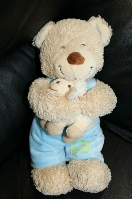 Doudou peluche musical ours marron beige salopette bleu TEX BABY mouton COMME 9