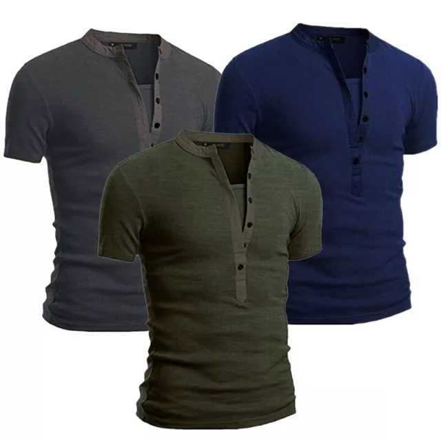 Da Uomo Casual Slim Scollo V T-Shirt Muscolo Tee Top Bottoni Manica Corta