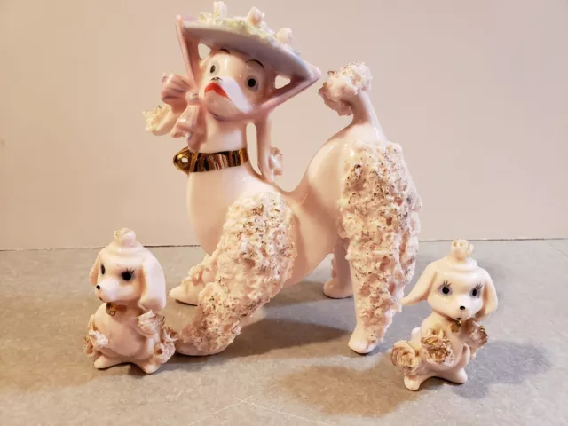 vtg Pink 50s 60s SPAGHETTI Poodles Porcelain figurines Mom & 2 Pups