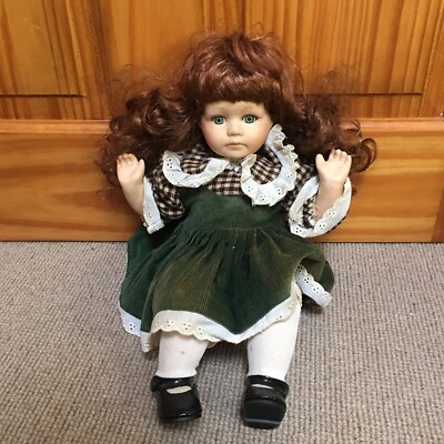 Green Sitting Brunette Girl Lady Porcelain China Doll Vintage Collectable