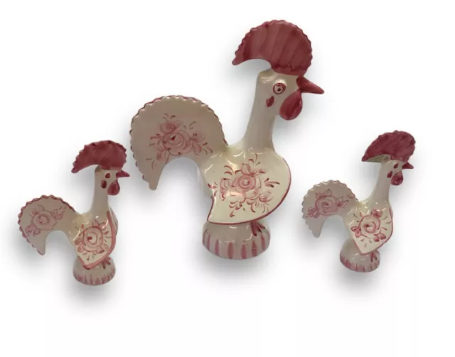 3 x Portuguese Ceramic Chickens / Pink /