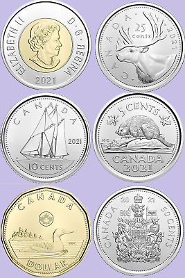 Set of 6 2021 Canadian Coins. Mint UNC Canada Toon $2 Loonie $1 50c 25c 10c 5c