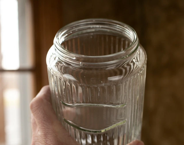 HOOSIER STYLE CABINET Sneath Co Clear Glass Jar Canister Ribbed No Lid 8 inches 3
