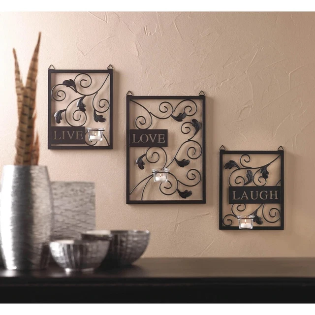 Live Love Laugh Metal Wall Art Hanging Sculpture Candle Sconce Home Decor Set
