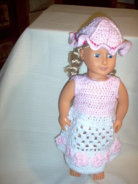 am girl size doll clothes hand crocheted pink/white with hat