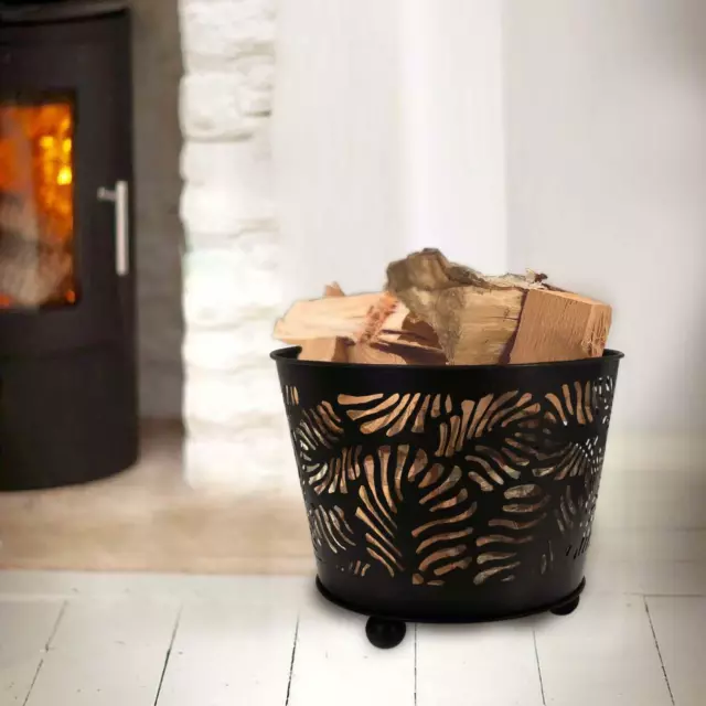 Round Black Metal Log Basket Firewood Store Kindling Holder Wood Storage Iron