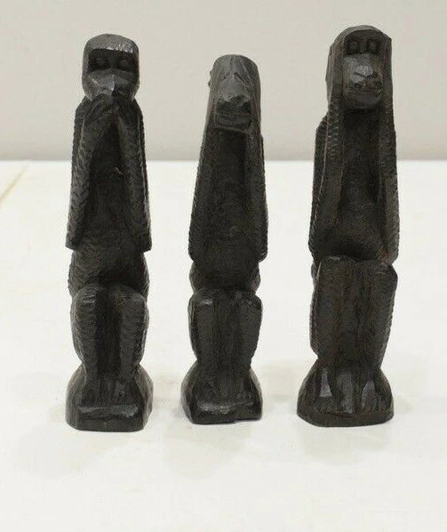 African Carved See Hear Say No Evil Ebony Monkey Figure Set
