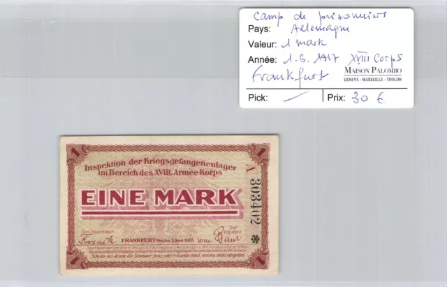 Camp Of Captives Germany - 1 Mark 1/6/1917- XVIII Body Frankfurt 303402