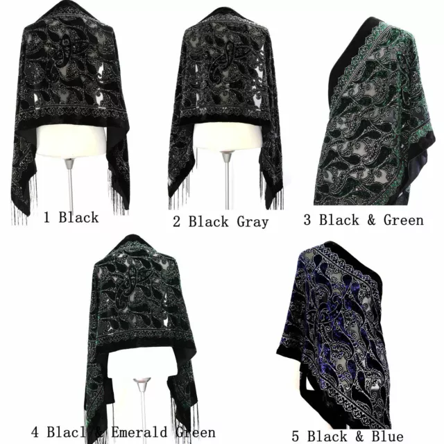 Elegant 5 Colors Vintage Floral Beaded Silk Burnout Velvet Shawl Wrap Long Scarf