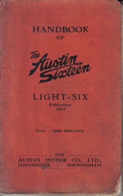 Austin Sixteen 16 Light Six original Handbook 1929 Burnham No. 618F