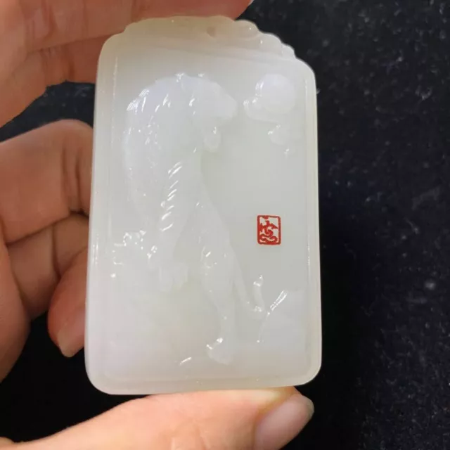 Natural Chinese Tiger Hand-Carved Hetian White Jade Amulets Pendant Plaque