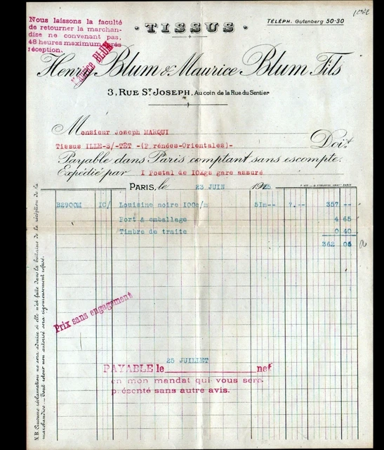 PARIS (II°) TISSUS "Henry & Maurice BLUM" Facture en 1925