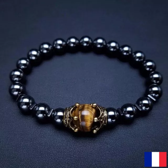 Bracelet "Couronne" en perle oeil de tigre hématite 8mm