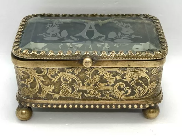 Antique Gold Gilded Brass Etched Beveled Glass Trinket Jewelry Box 3.1/4 x 2.1/4