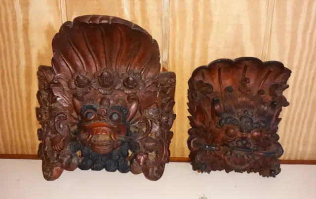 Pair Old or Antique Asian Balinese Carved Wooden Masks