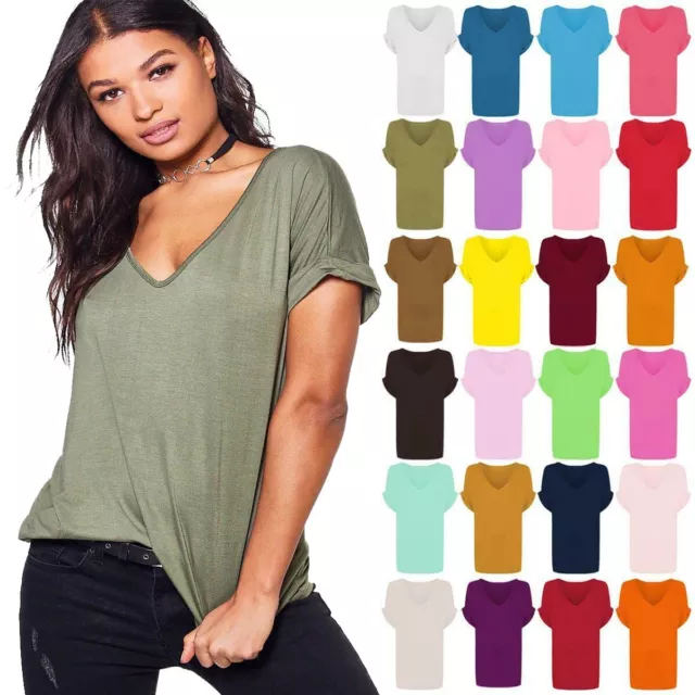 Women Oversized Baggy Top Ladies Loose Fit Turn up Batwing Sleeve V Neck T shirt