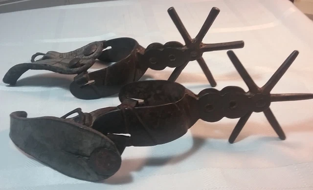 Pair Vintage Iron Western Spurs 1½” Rowels Partial Leathers Astronaut Chas Duke 2