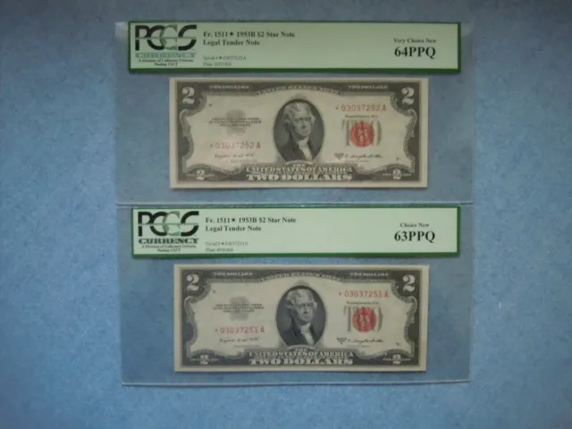 (2) 1953 B $2.00 Consecutive Red Seal "STAR NOTES"  Graded PCGS 63PPQ &  64PPQ