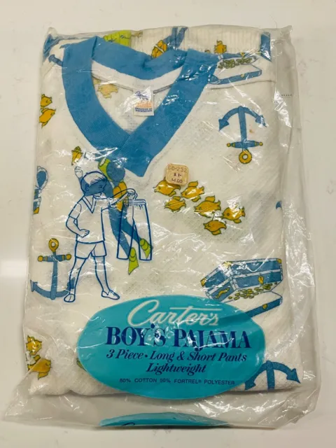 Nos Vtg 60'S Carter's Boys Pajamas 3Pc Long&Short Pant Set Blue Fish&Sea Print*8