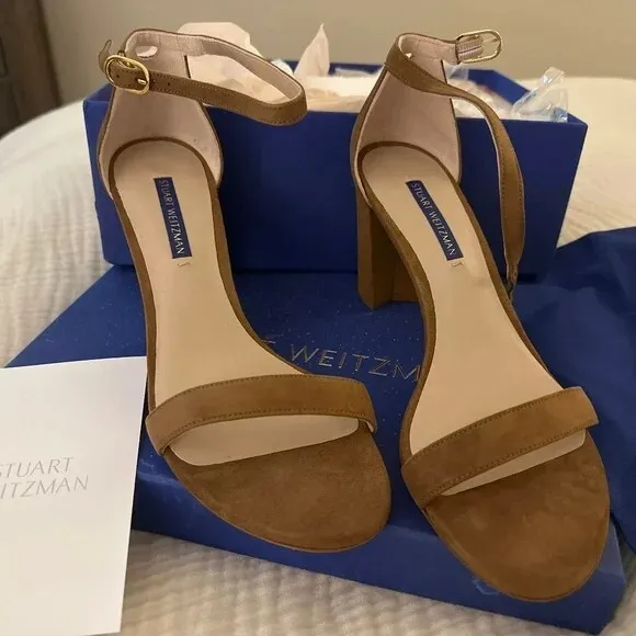 Stuart Weitzman NEARLYNUDE strap sandal New in Box Basket Brown Suede Strap $495