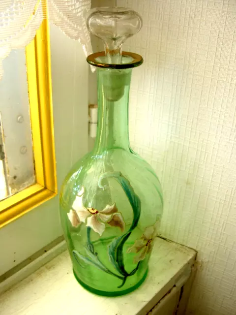 CARAFE ancienne FLEURS émaillés LEGRAS sur verre soufflé vert clair Art nouveau